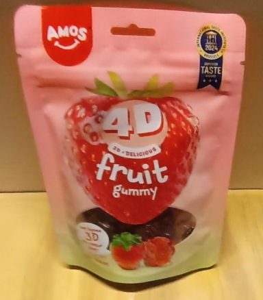 AMOS 4D Fruit Gummy – Fraise Sachet AMOS 4D Fruit Gummy fraise avec bonbons en forme de fraise