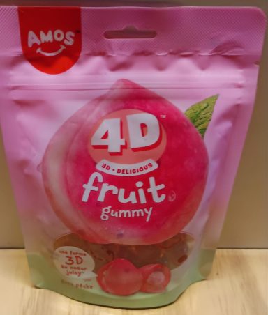 AMOS 4D Fruit Gummy – Pêche Sachet AMOS 4D Fruit Gummy pêche avec bonbons en forme de pêche